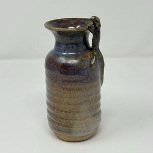 Vintage Hand Made Pottery Vase Lizard on Lip Beige Bottom w/ Multi-Colored Top